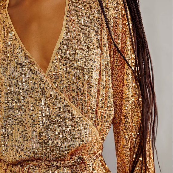 Free People Christa Gold Sequin Wrap Romper - Picture 11 of 11